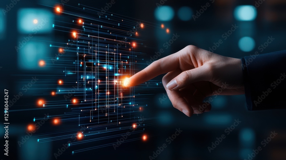 Poster human hand interacting with futuristic digital interface displaying touch technology in a modern env