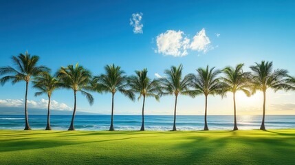 Obraz premium Serene sunset over tropical beach with palm trees.