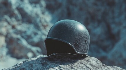 Black helmet resting on rocky terrain, symbolizing protection an