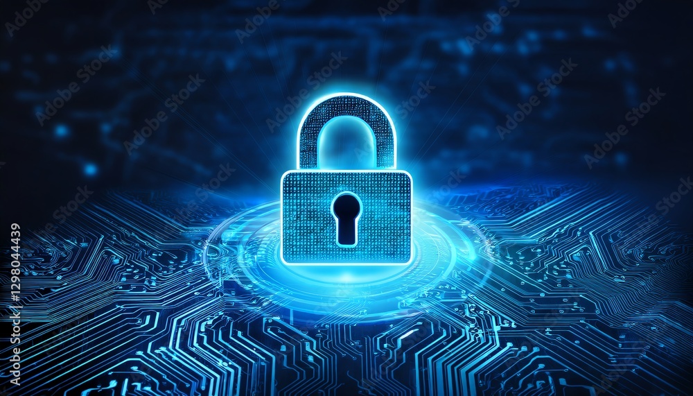 Poster a glowing padlock symbol surrounded by digital circuitry, representing cybersecurity and data protec
