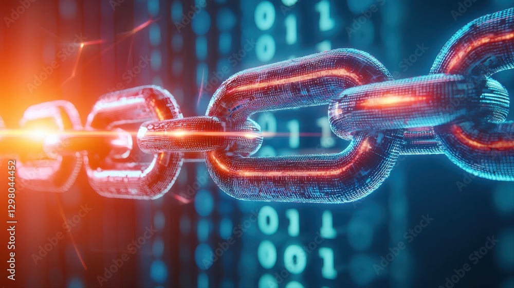 Poster a chain featuring a glowing link signifying connectivity and security in a digital world of modern t