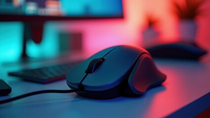 Vertical Mouse. Black ergonomic computer mouse close-up on desk with colorful neon lighting, technology workspace concept for office, gaming setup, modern equipment, vibrant blue and pink background