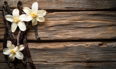Elegant arrangement of vanilla pods and delicate white flowers on rustic wooden background, showcasing nature's beauty and culinary delight