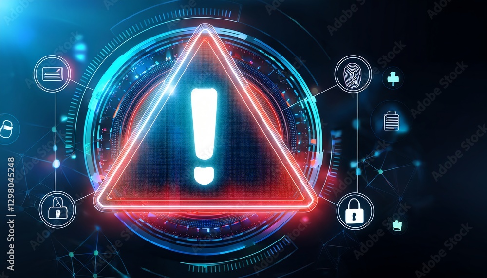 Poster a digital warning sign featuring a bright red triangle with an exclamation mark, surrounded by vario