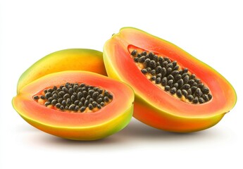 Ripe Orange Papaya Halves and Whole Fruit on White Background