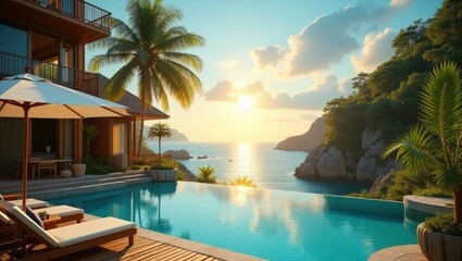 Wellness Retreat. Luxury infinity pool with lounge chairs and umbrellas near ocean at sunset, tropical vacation resort, relaxation and leisure, summer holiday, palm trees and tropical greenery in bac