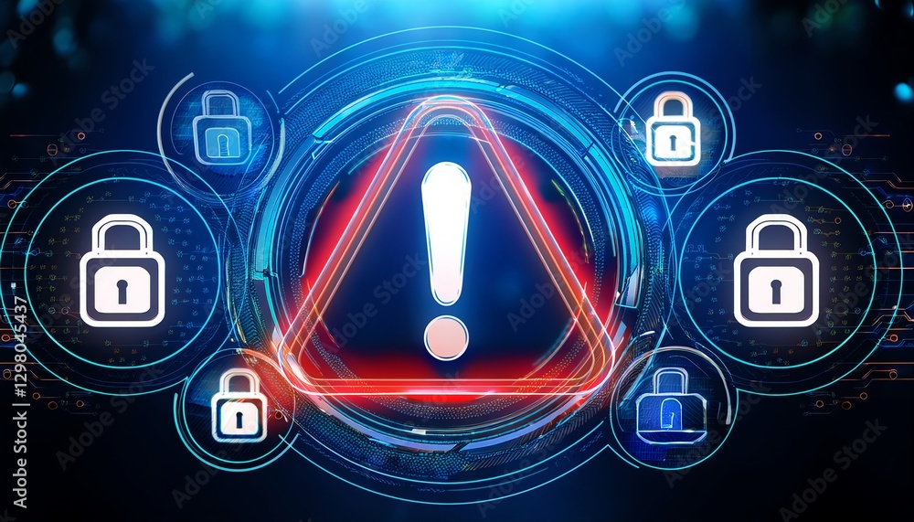Poster a digital warning graphic featuring a triangular alert symbol and padlock icons, indicating security
