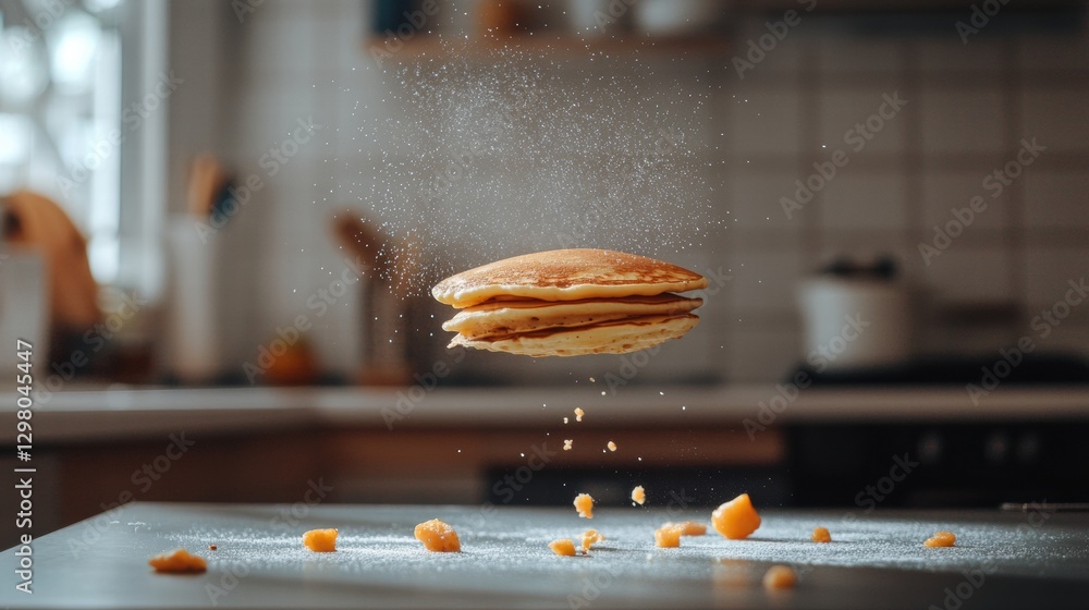 Poster fluffy pancakes hovering above a kitchen counter surrounded by scattered crumbs and flour in a cozy 