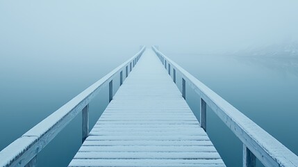 Obraz premium Snowy Pier Extending into Foggy Lake