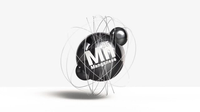 Manganese Mn transition metal 3d atom animation element 25 from periodic table on clean white background