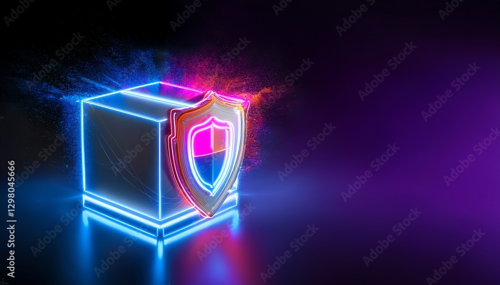 Poster a glowing digital cube featuring a shield symbol, representing security and technology in a modern, 