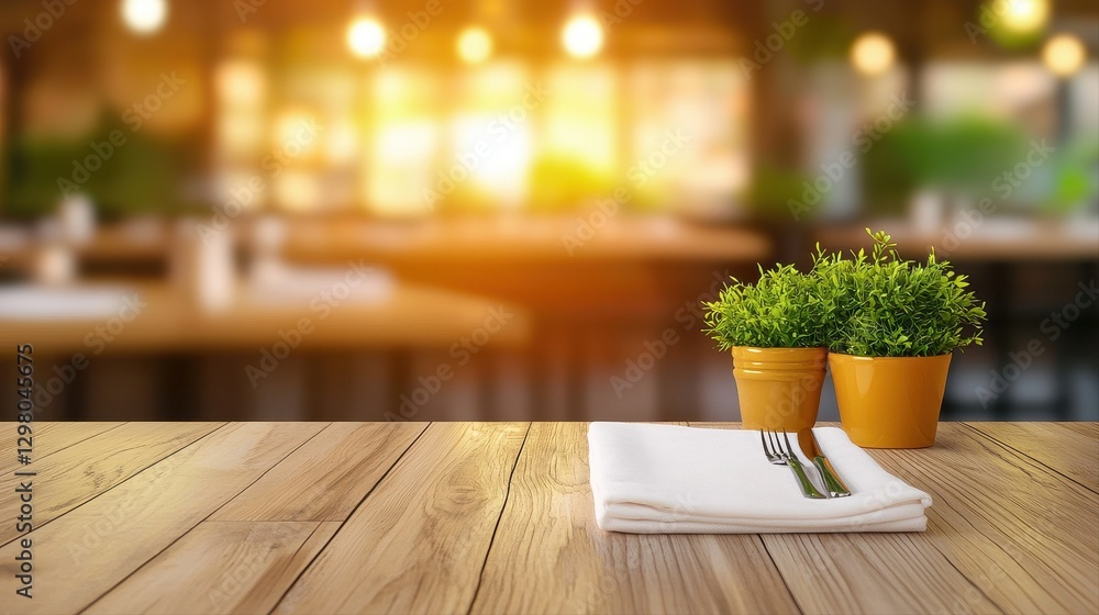 Poster cozy dining table set with a neatly folded napkin and a vibrant pot of plants adding a touch of natu