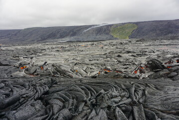 Active lava flows over old lava field in Hawaii