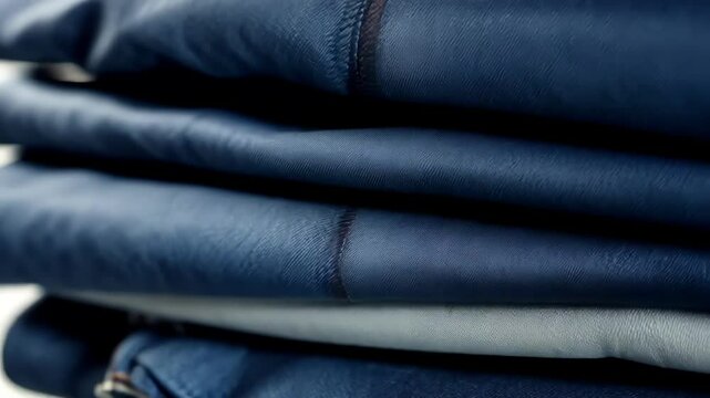 Close-up of stacked denim fabrics with varied textures and tones.