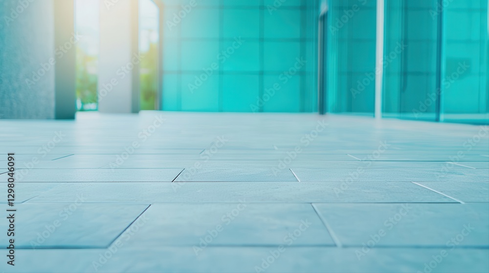 Poster a beautifully patterned tiled floor in a modern building featuring intricate designs and subtle colo