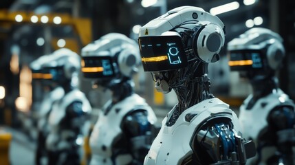 Fototapeta premium Cybernetic factory workers wearing neural interface headsets, merging human intelligence with AI-assisted production