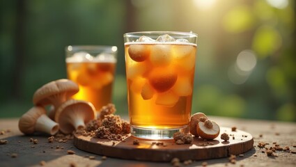 Adaptogen. Two glasses of iced tea with lemon slices and ice cubes on wooden table, refreshing summer drink, outdoor picnic, warm sunlight, blurred green background, cozy natural ambiance, casual gat