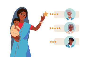 Indian mother leaves positive review doctor work. Online medical consultation, e-health concept.Pediatrics online. India Remote Medicine. cartoon flat vector illustration isolated on white background.