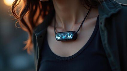 Ai Necklace. Close up woman wearing glowing blue necklace at night, fa