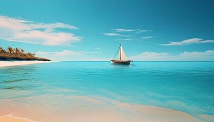Obraz premium Minimalist beachscape: single boat floats on calm turquoise water. Serene & peaceful coastal scene. Ideal for travel, vacation, and calming backgrounds.