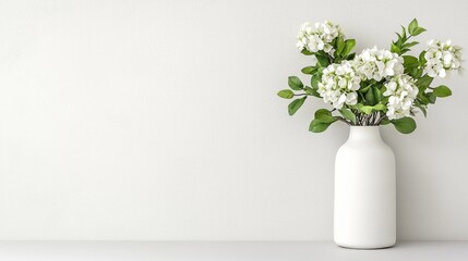 Fototapeta premium White flowers in a ceramic vase stand on a table against a clean wall, offering copy space for minimalist home decor.