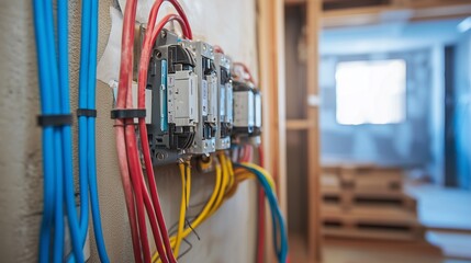 Colorful electrical wires in a new house under construction, symbolizing modern infrastructure.