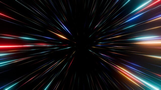 Abstract hyperspace background. Speed of light, neon glowing rays and stars in motion. Moving through stars. 4k Seamless loop