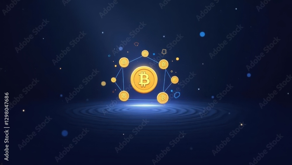 Poster asset tokenization. bitcoin is surrounded by circle of coins