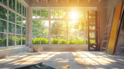 Fototapeta premium Sunlit room with large windows, ladder, and tools; symbolizes home improvement and brightness.