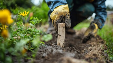 Gardener planting wooden stakes for a garden fence, symbolizing growth and protection.