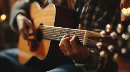 Fototapeta premium Person playing acoustic guitar in cozy indoor setting during evening