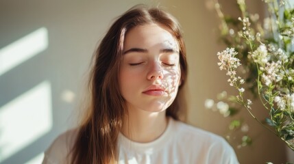 Naklejka premium Relaxed young woman enjoying sunlight and nature at home
