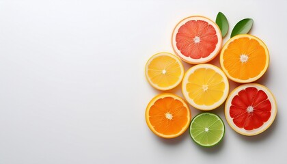 Minimalist summer citrus: bright fruit slices on white.  Fresh & vibrant. Ideal for summer themes, food & drink designs, and clean backgrounds.

