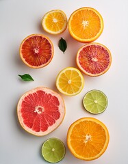 Minimalist summer citrus: bright fruit slices on white.  Fresh & vibrant. Ideal for summer themes, food & drink designs, and clean backgrounds.

