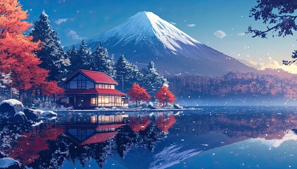 Fototapeta premium A Japanese-style house with red eaves is located by the lake, surrounded by snow-covered mountains and trees