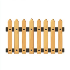 Simple Light Brown Wooden Picket Fence with Dark Brown Rails on White Background