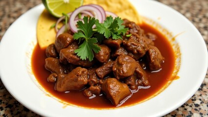 Birria. Beef Plant based lamb spleen Plant-based meat Spend With Pennies TasteAtlas Heura foods Cozymeal NotCo Tender stew fresh cilantro garnish and sliced lime, served tortilla chips on white plate
