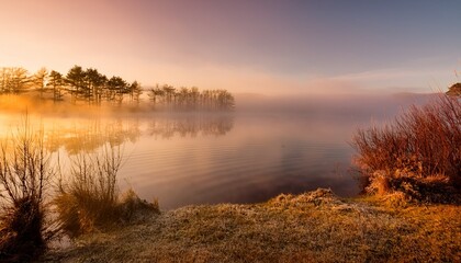 Misty morning lake: calm water with soft ripples & warm sunrise light. Serene & peaceful. Ideal for nature, calming backgrounds & tranquil designs.

