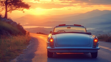 Fototapeta premium Classic convertible car driving along a scenic road at sunset with a stunning view of mountains and lakes in the distance