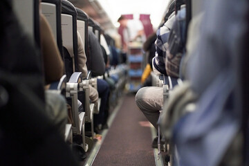 A male steward who distributes food and drinks on board the aircraft. The passengers are sitting in their seats and watching. View along the row. High quality photo