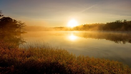 Misty morning lake: calm water with soft ripples & warm sunrise light. Serene & peaceful. Ideal for nature, calming backgrounds & tranquil designs.

