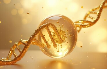 Golden DNA molecule inside cosmetic essence bubble. Anti-aging skin serum ingredient. Gold chromosome stem cells. Advanced biotech tech for beauty treatment, rejuvenation therapy. Nano molecular