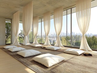 Minimalist meditation space with city view, serene setting for mindfulness