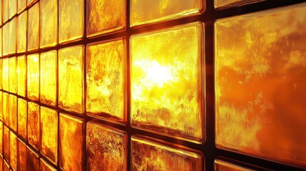 Sunset reflected in amber glass blocks.