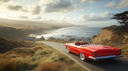 Fototapeta premium Classic red convertible parked by coastal road during sunset overlooking cliffs and ocean waves