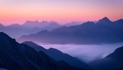 Fototapeta premium Misty mountain range at dawn: soft pink & lavender light illuminates peaks. Serene, ethereal landscape. Ideal for nature, travel, and peaceful backgrounds