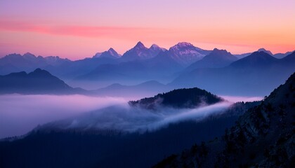 Obraz premium Misty mountain range at dawn: soft pink & lavender light illuminates peaks. Serene, ethereal landscape. Ideal for nature, travel, and peaceful backgrounds
