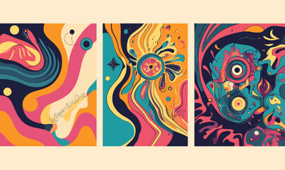 Psychedelic 70s Groovy Hippie Poster Trio with Vibrant Retro Art and Abstract Designs
