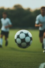 Fototapeta premium Dynamic scene of soccer players chasing ball, showcasing energy