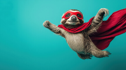 Sloth dressed as a superhero, flying with a red mask and cape against a turquoise background in a dynamic pose, resembling a comic book hero